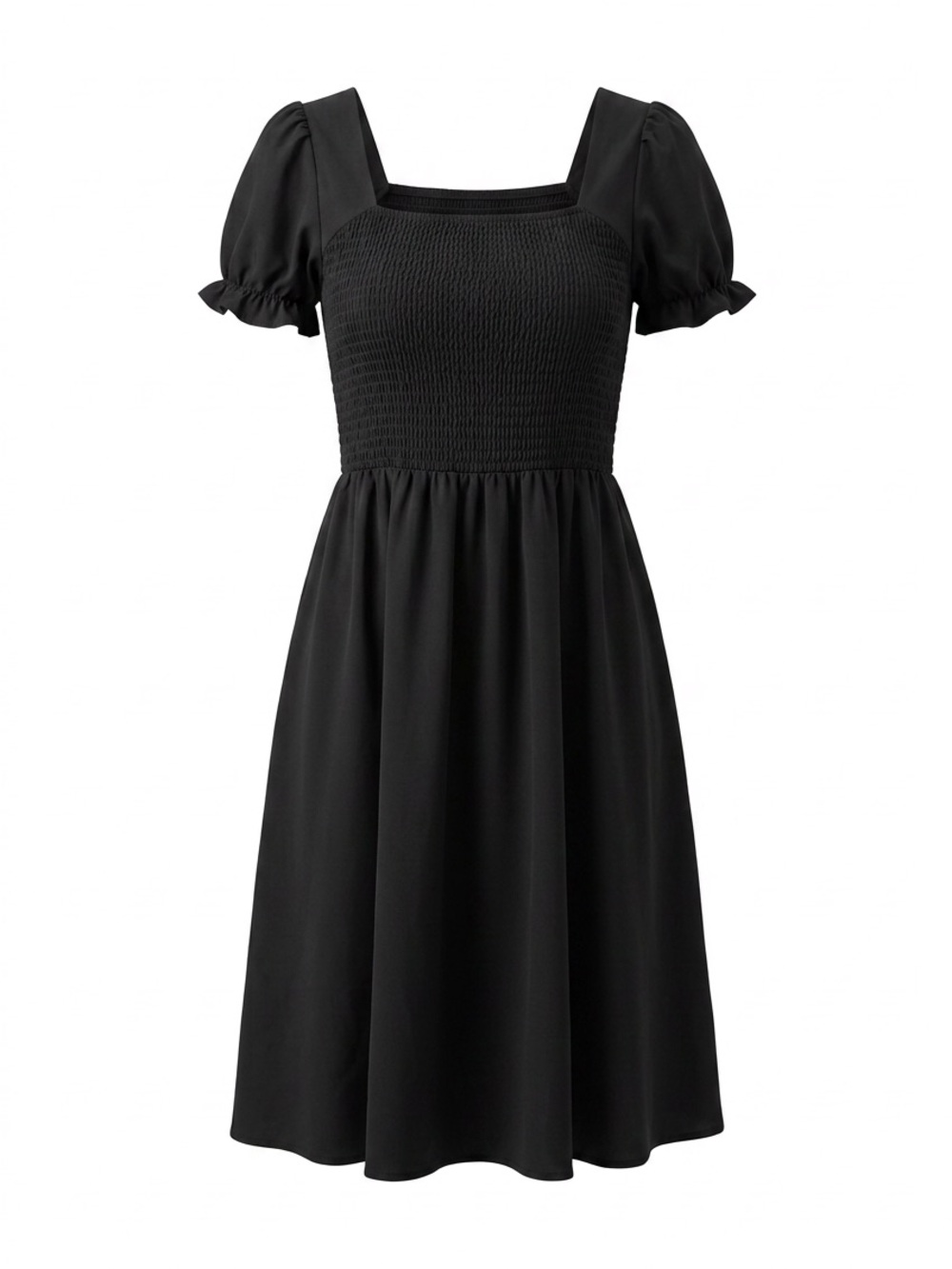 Black Smocked Midi Dress with Puff Sleeves - Women
